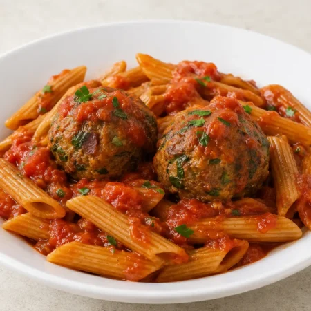 Image of DASH Salt-Free Garlic & Herb “Bean-y” Meatballs with Whole-Grain Penne & Marinara Recipe