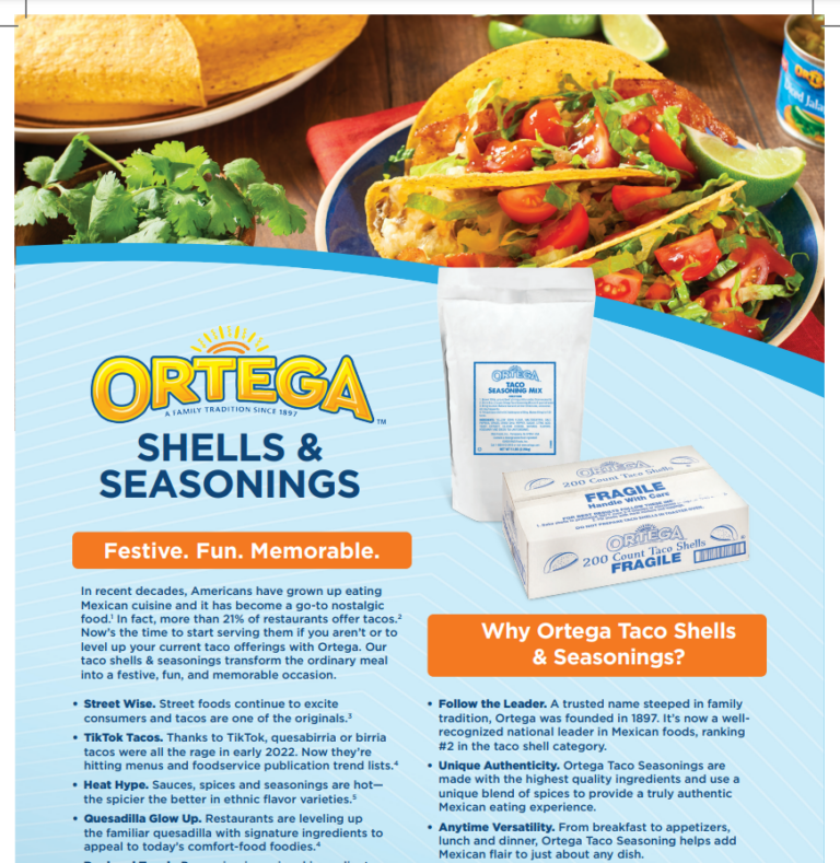 Image of a PDF with the Ortega Taco Seasoning Sell Sheet.